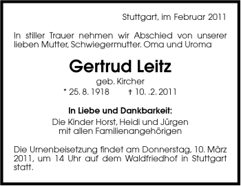 Traueranzeige von Gertrud Leitz von Stuttgarter Zeitung / Stuttgarter Nachrichten