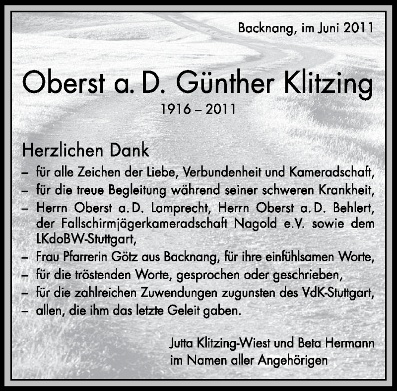  Traueranzeige für Günther Klitzing vom 24.06.2011 aus Stuttgarter Zeitung / Stuttgarter Nachrichten