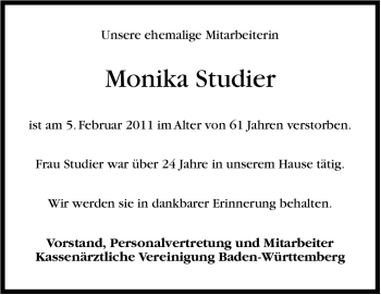 Traueranzeige von Monika Studier von Stuttgarter Zeitung / Stuttgarter Nachrichten