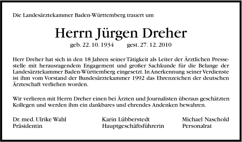  Traueranzeige für Jürgen Dreher vom 05.01.2011 aus Stuttgarter Zeitung / Stuttgarter Nachrichten