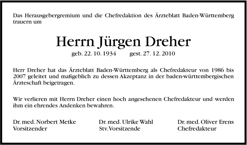  Traueranzeige für Jürgen Dreher vom 05.01.2011 aus Stuttgarter Zeitung / Stuttgarter Nachrichten