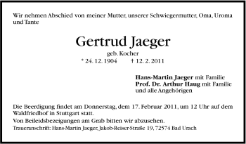 Traueranzeige von Gertrud Jaeger von Stuttgarter Zeitung / Stuttgarter Nachrichten