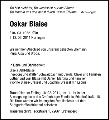 Traueranzeige von Oskar Blaise von Stuttgarter Zeitung / Stuttgarter Nachrichten