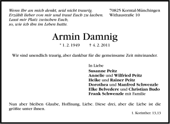 Traueranzeige von Armin Damnig von Stuttgarter Zeitung / Stuttgarter Nachrichten