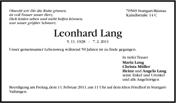 Traueranzeige von Leonhard Lang von Stuttgarter Zeitung / Stuttgarter Nachrichten