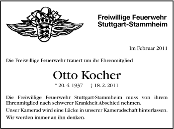 Traueranzeige von Otto Friedrich Kocher von Stuttgarter Zeitung / Stuttgarter Nachrichten