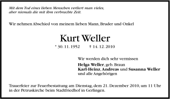 Traueranzeige von Kurt Weller von Leonberger Kreiszeitung / Strohgäu Extra