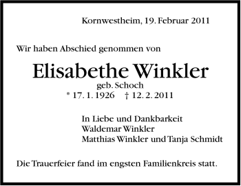 Traueranzeige von Elisabethe Winkler von Stuttgarter Zeitung / Stuttgarter Nachrichten