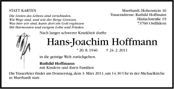 Traueranzeige von Hans-Joachim Hoffmann von Stuttgarter Zeitung / Stuttgarter Nachrichten