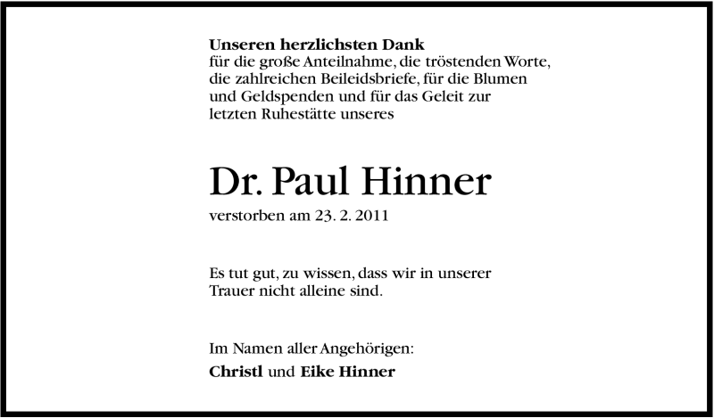  Traueranzeige für Paul Hinner vom 14.03.2011 aus Stuttgarter Zeitung / Stuttgarter Nachrichten