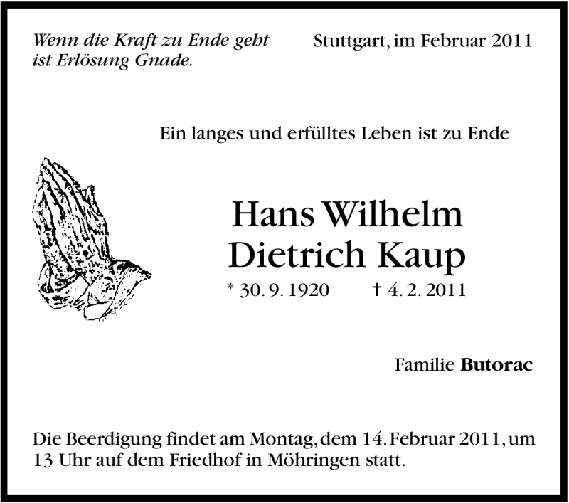  Traueranzeige für Hans Wilhelm Dietrich Kaup vom 10.02.2011 aus Stuttgarter Zeitung / Stuttgarter Nachrichten