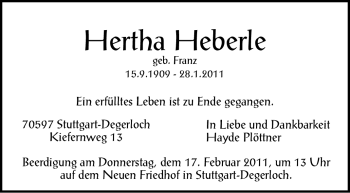 Traueranzeige von Hertha Heberle von Stuttgarter Zeitung / Stuttgarter Nachrichten