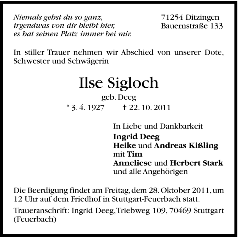  Traueranzeige für Ilse Sigloch vom 26.10.2011 aus Leonberger Kreiszeitung / Strohgäu Extra