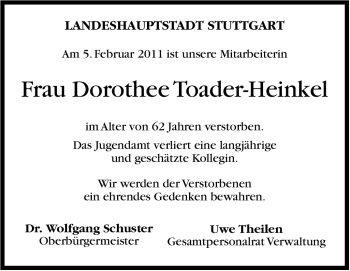 Traueranzeige von Dorothee Toader-Heinkel von Stuttgarter Zeitung / Stuttgarter Nachrichten
