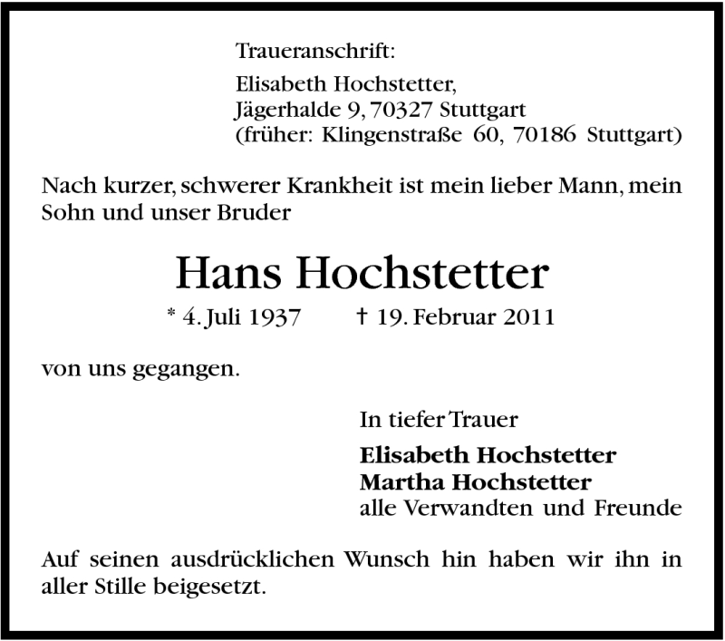  Traueranzeige für Hans Hochstetter vom 23.02.2011 aus Stuttgarter Zeitung / Stuttgarter Nachrichten