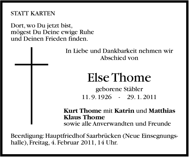  Traueranzeige für Else Thome vom 02.02.2011 aus Stuttgarter Zeitung / Stuttgarter Nachrichten