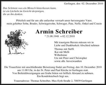 Traueranzeige von Armin Schreiber von Leonberger Kreiszeitung / Strohgäu Extra
