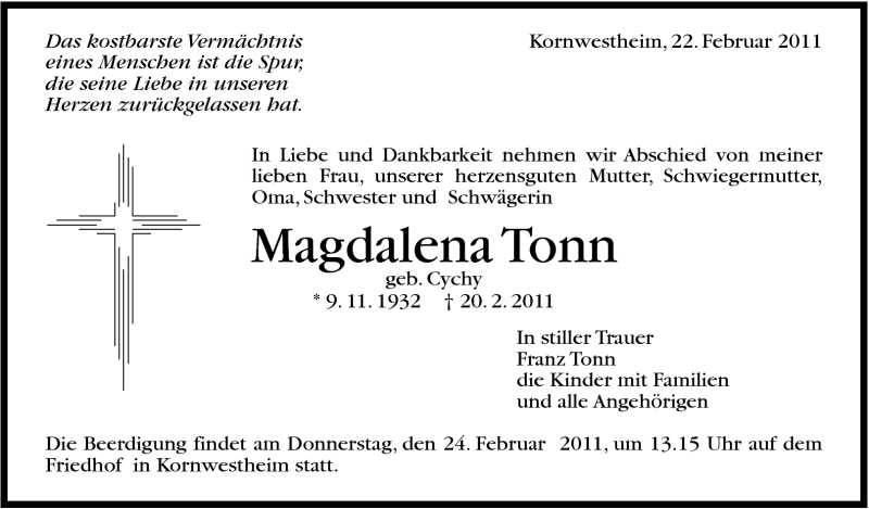  Traueranzeige für Magdalena Tonn vom 22.02.2011 aus Stuttgarter Zeitung / Stuttgarter Nachrichten
