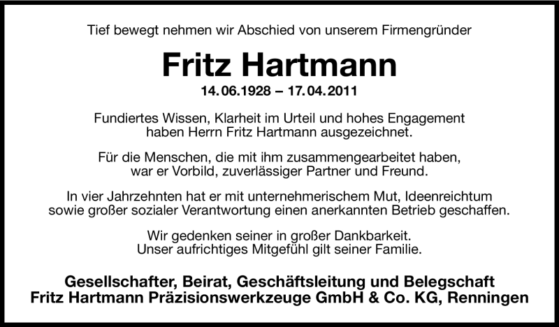  Traueranzeige für Fritz Hartmann vom 20.04.2011 aus Leonberger Kreiszeitung / Strohgäu Extra