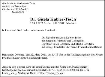 Traueranzeige von Gisela Kübler-Tesch von Marbacher Zeitung