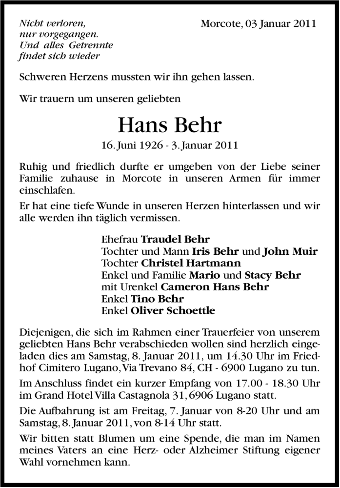  Traueranzeige für Hans Behr vom 08.01.2011 aus Stuttgarter Zeitung / Stuttgarter Nachrichten
