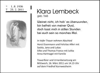 Traueranzeige von Klara Lembeck von Stuttgarter Zeitung / Stuttgarter Nachrichten