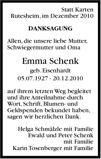 Traueranzeige von Emma Schenk von Leonberger Kreiszeitung / Strohgäu Extra