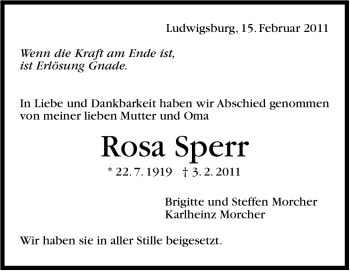 Traueranzeige von Rosa Sperr von Stuttgarter Zeitung / Stuttgarter Nachrichten