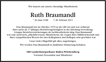 Traueranzeige von Ruth Braumandl von Stuttgarter Zeitung / Stuttgarter Nachrichten