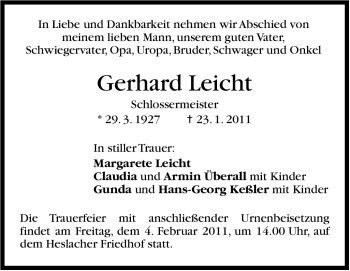Traueranzeige von Gerhard Leicht von Stuttgarter Zeitung / Stuttgarter Nachrichten