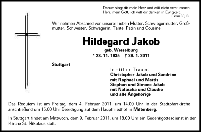  Traueranzeige für Hildegard Jakob vom 02.02.2011 aus Stuttgarter Zeitung / Stuttgarter Nachrichten