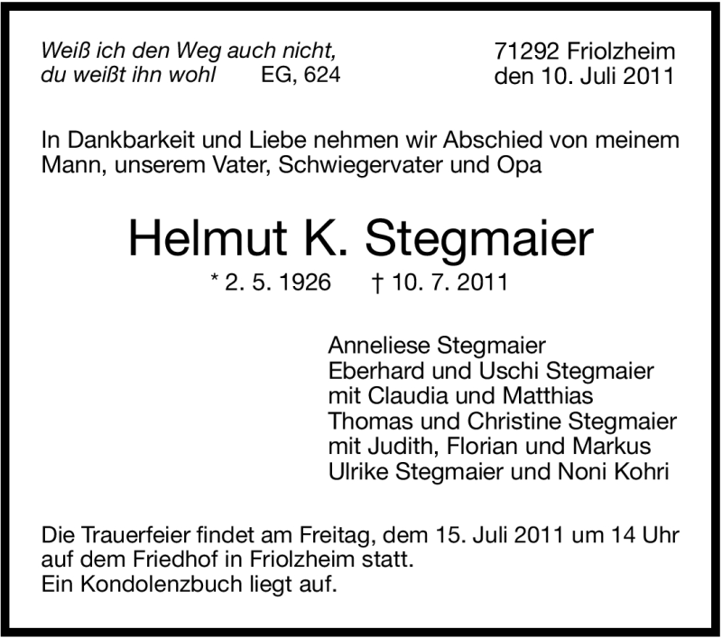  Traueranzeige für Helmut Stegmaier vom 13.07.2011 aus Leonberger Kreiszeitung / Strohgäu Extra