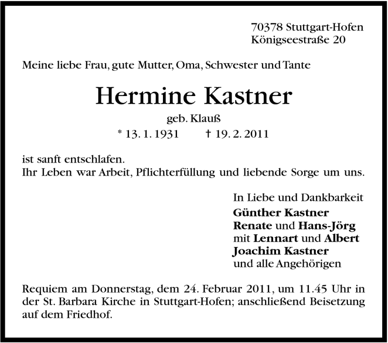  Traueranzeige für Hermine Kastner vom 22.02.2011 aus Stuttgarter Zeitung / Stuttgarter Nachrichten