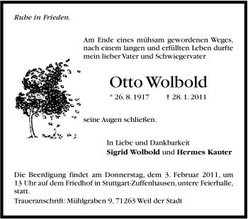 Traueranzeige von Otto Wolbold von Stuttgarter Zeitung / Stuttgarter Nachrichten