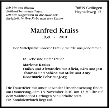 Traueranzeige von Manfred Kraiss von Leonberger Kreiszeitung / Strohgäu Extra