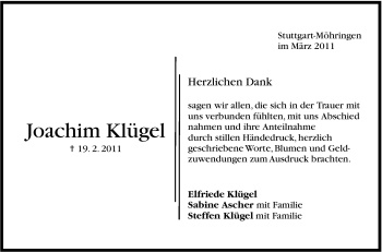 Traueranzeige von Joachim Klügel von Stuttgarter Zeitung / Stuttgarter Nachrichten