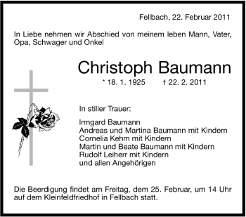 Traueranzeige von Christoph Baumann von Stuttgarter Zeitung / Stuttgarter Nachrichten