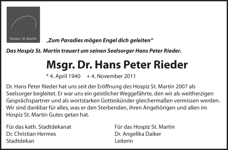  Traueranzeige für Hans Peter Rieder vom 12.11.2011 aus Leonberger Kreiszeitung / Strohgäu Extra