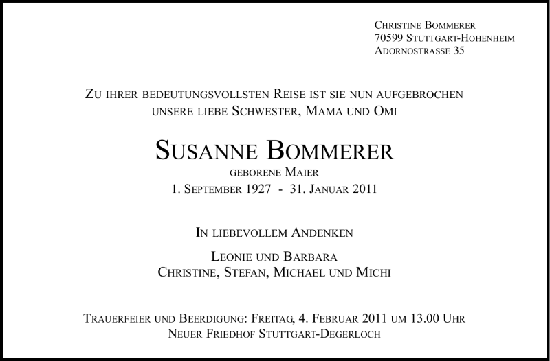  Traueranzeige für Susanne Bommerer vom 02.02.2011 aus Stuttgarter Zeitung / Stuttgarter Nachrichten