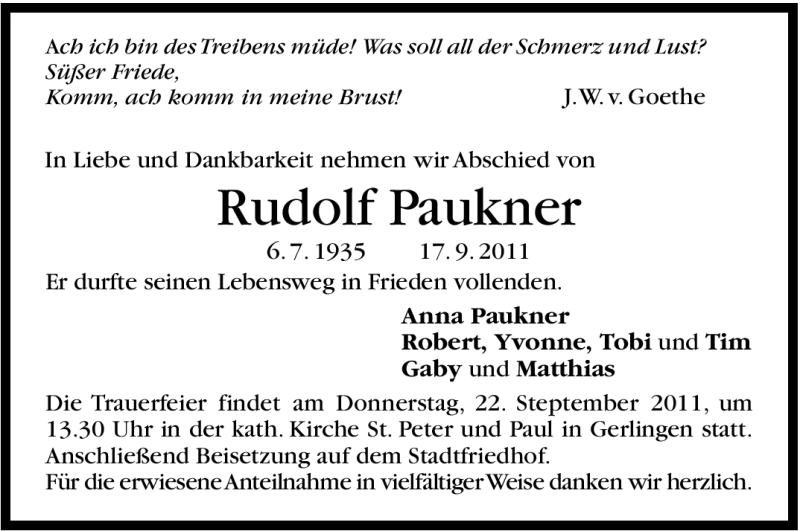  Traueranzeige für Rudolf Paukner vom 20.09.2011 aus Leonberger Kreiszeitung / Strohgäu Extra