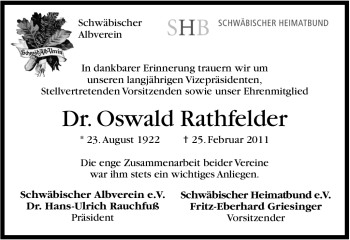 Traueranzeige von Oswald Rathfelder von Stuttgarter Zeitung / Stuttgarter Nachrichten