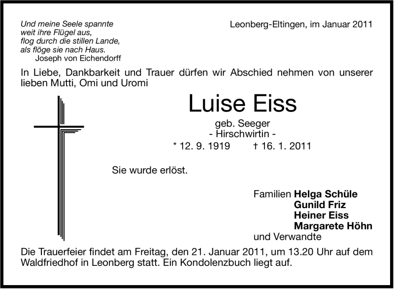  Traueranzeige für Luise Eiss vom 18.01.2011 aus Leonberger Kreiszeitung / Strohgäu Extra