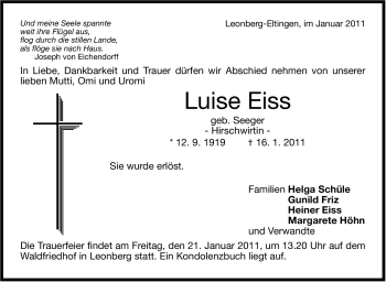 Traueranzeige von Luise Eiss von Leonberger Kreiszeitung / Strohgäu Extra