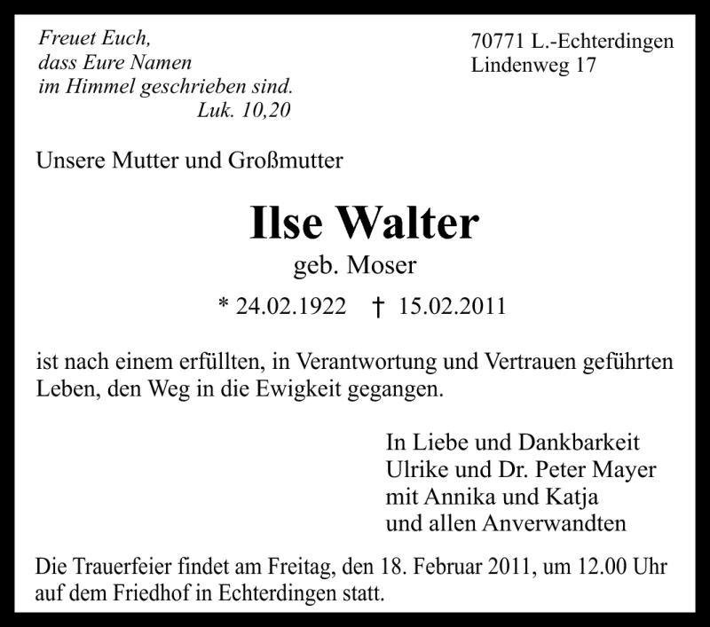  Traueranzeige für Ilse Walter vom 17.02.2011 aus Stuttgarter Zeitung / Stuttgarter Nachrichten