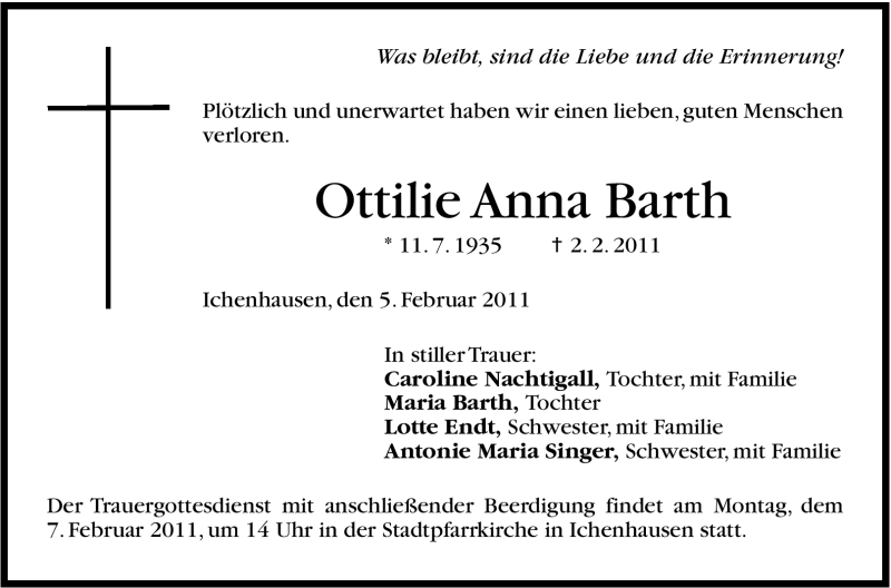  Traueranzeige für Ottilie Anna Barth vom 05.02.2011 aus Stuttgarter Zeitung / Stuttgarter Nachrichten