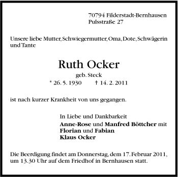 Traueranzeige von Ruth Ocker von Stuttgarter Zeitung / Stuttgarter Nachrichten