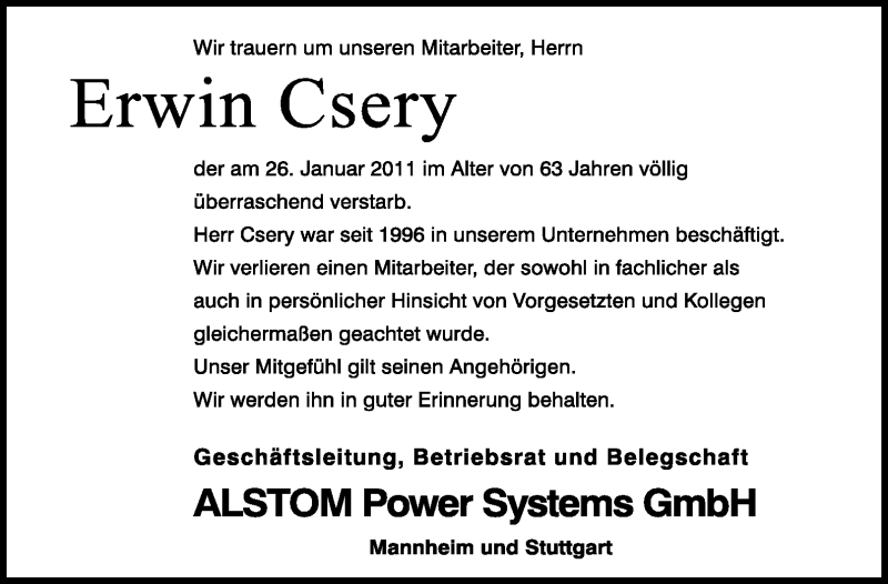  Traueranzeige für Erwin Csery vom 02.02.2011 aus Stuttgarter Zeitung / Stuttgarter Nachrichten