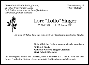 Traueranzeige von Lore Singer von Stuttgarter Zeitung / Stuttgarter Nachrichten