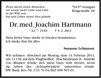 Traueranzeige von Joachim Hartmann von Stuttgarter Zeitung / Stuttgarter Nachrichten