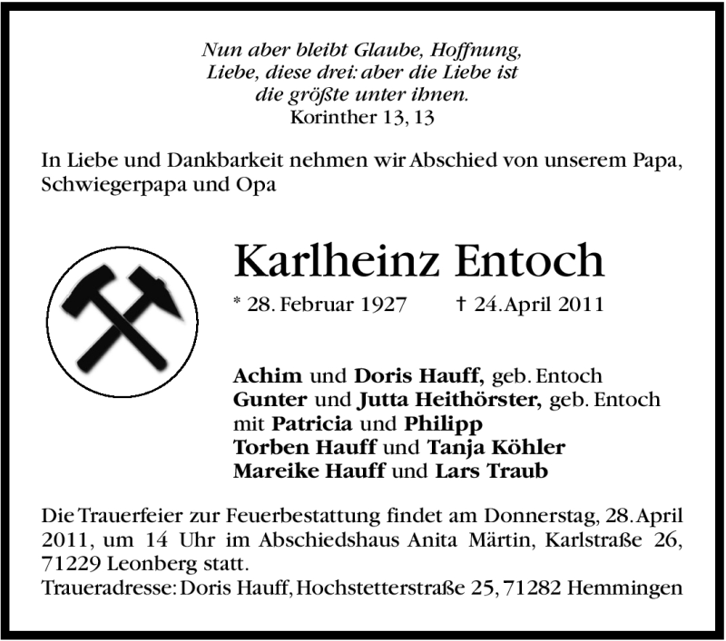  Traueranzeige für Karlheinz Entoch vom 27.04.2011 aus Leonberger Kreiszeitung / Strohgäu Extra
